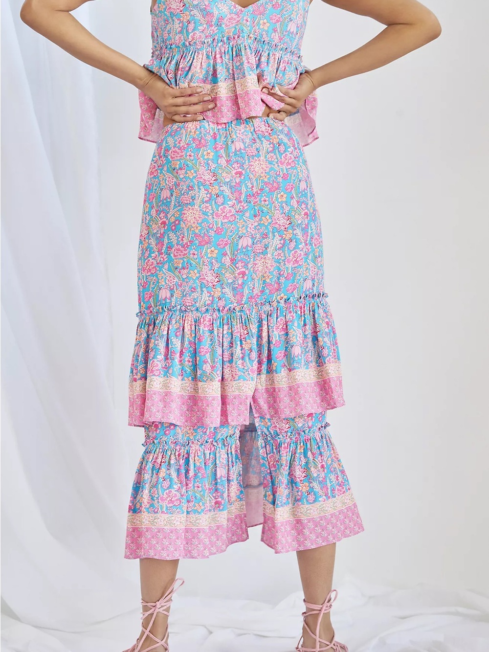 Plenty by Tracy Reese Floral Tiered Midi Skirt in Blue & Pink - Picture 3 of 10